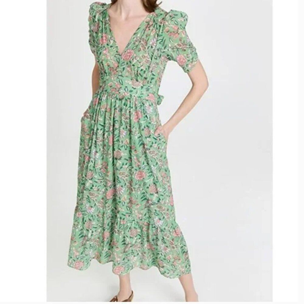Xírena Floral Maxi Dress Green Pink Puff Sleeve Cotton Boho Prairie XS